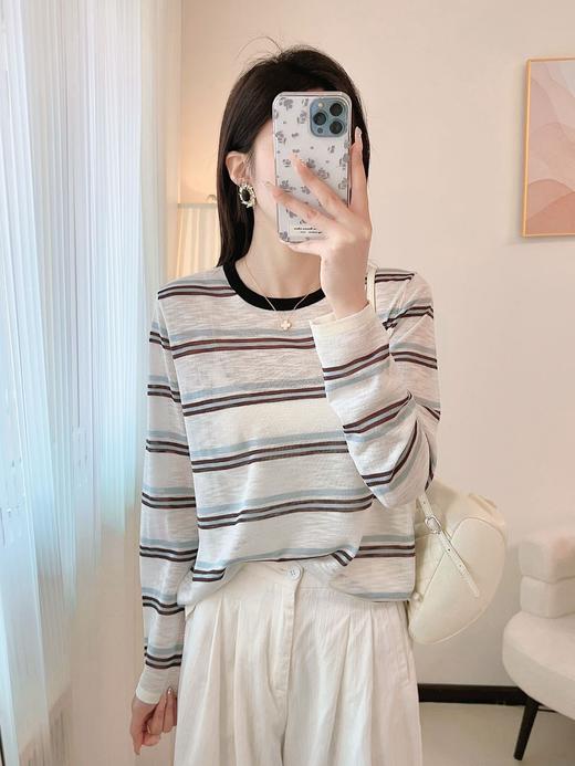 色系太好看了！2025天丝亚麻防晒罩衫显瘦撞色条纹针织衫T恤！ 商品图6