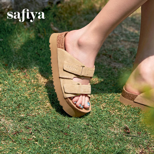 Safiya/索菲娅2025夏季休闲外穿增高厚底魔术贴一字带勃肯凉拖 SFD2110157/SFD2110M57 商品图4