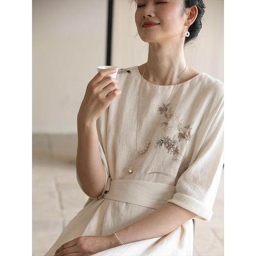 牧衣游原创 手工刺绣汉麻连衣裙宽松轻薄清凉古朴文艺长裙 弥尔 商品图3