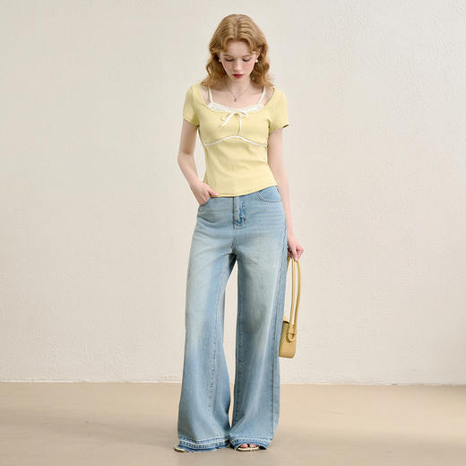 【纯欲少女感】拼接蕾丝假两件短款T恤女夏季蝴蝶结上衣V0050351 商品图1