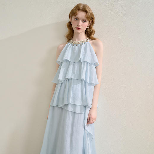 法式度假风荷叶边套装女夏季钉珠挂脖衬衫搭半裙两件套H0050860 商品图3