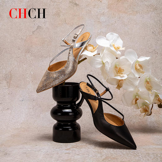 CHCH祈祈尖头包头凉鞋女2025夏季新款银色羊皮高跟浅口单鞋CP1B2021 商品图1