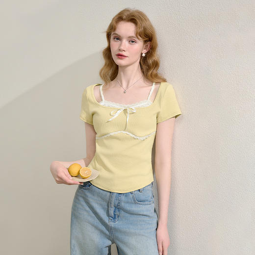 【纯欲少女感】拼接蕾丝假两件短款T恤女夏季蝴蝶结上衣V0050351 商品图0