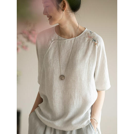 牧衣游原创 手工刺绣汉麻套头衫轻薄清凉禅意复古短袖上衣 撷芳归 商品图3