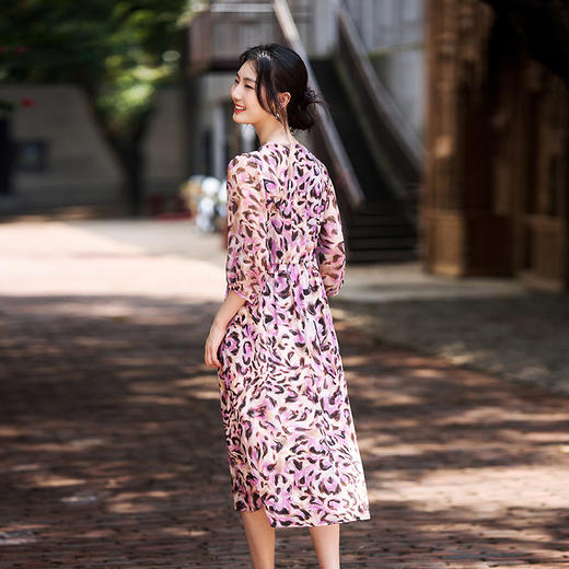 丁摩 夏季真丝印花收腰显气质连衣裙80014 商品图3