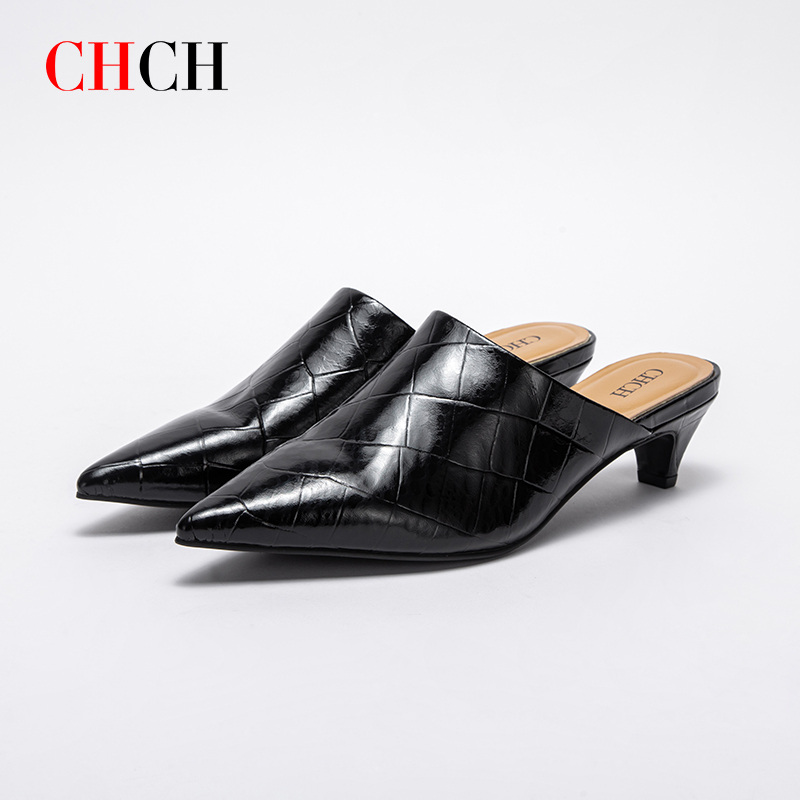 CHCH祈祈包头半拖鞋女2025夏季新品真皮尖头后空单鞋高跟凉拖懒人穆勒皮拖鞋