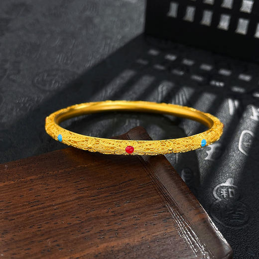 【限时克减150元】足金999.9 #宫廷风 #低温珐琅 古法镂空固口手镯古风花开富贵花丝皇后手镯(ANWZGFSZ00068-1)（预售产品下单后不退款不退货不换货不补差价 商品图0