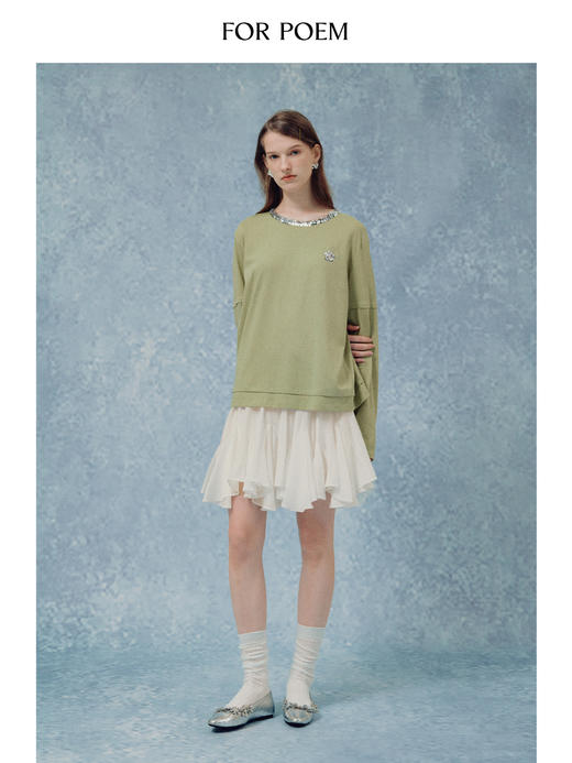 ForPoem 现货 25/SS原创设计亮片领口花朵刺绣假两件T恤长袖防晒上衣 商品图4