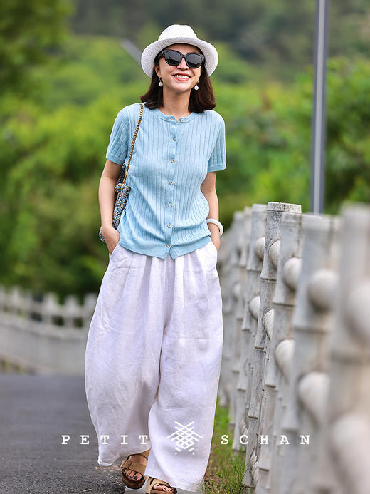 PETIT SCHAN小闪 CLO#806 wander intimate friend 挚友 桑蚕丝棉麻竖坑条短袖针织衫 商品图3