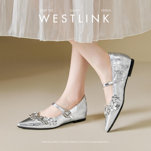 西遇尖头单鞋女新款夏季法式仙女花朵亮片内增高银色玛丽珍鞋V1056720 商品图1