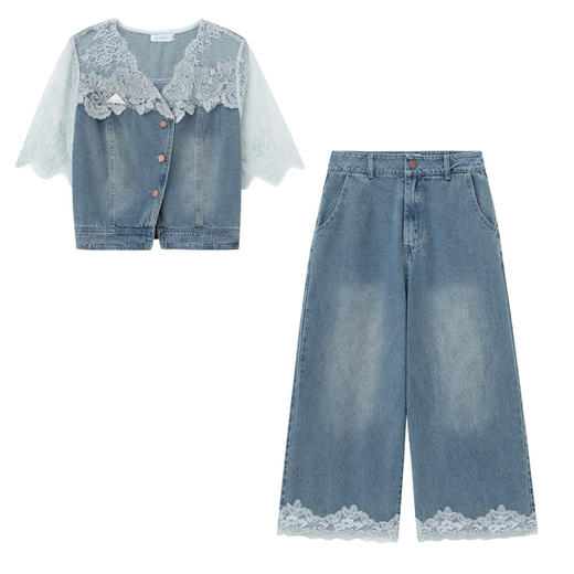 蕾丝拼接套装洋气减龄阔腿裤，休闲牛仔外套两件套潮HR-YLFS8992 商品图4
