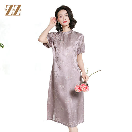 佐尔美夏季新款新中式国风碎花桑蚕丝短袖连衣裙女M42LS83 商品图0