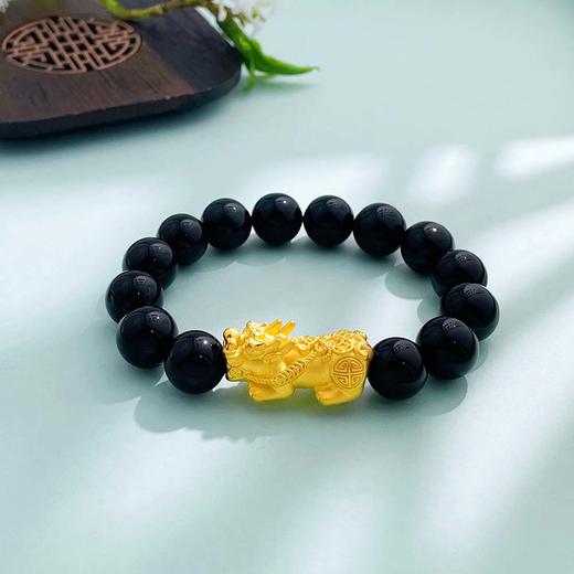 【限时7.5折】【定价黄金】足金 #招财进宝 3D硬金招财貔貅黑耀石手链弹力绳成品手串(RFXJB0092-11.5012) 商品图1