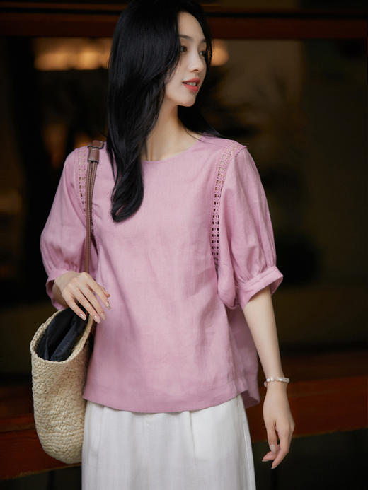 【桃之夭夭】 舒适透气呼吸感亚麻桃夭粉灯笼袖小衫 商品图2