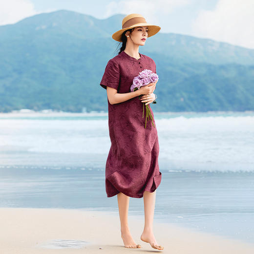 雀说原创中式国风亚麻改良旗袍裙竹叶印花显白立领复古连衣裙夏季新款ALS483 商品图2