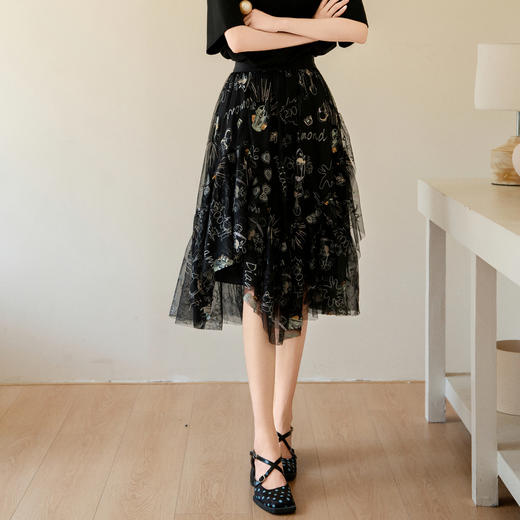 谜底提花半身裙2025夏季新品复古风松紧腰A型中长网纱裙25BMB5003 商品图0