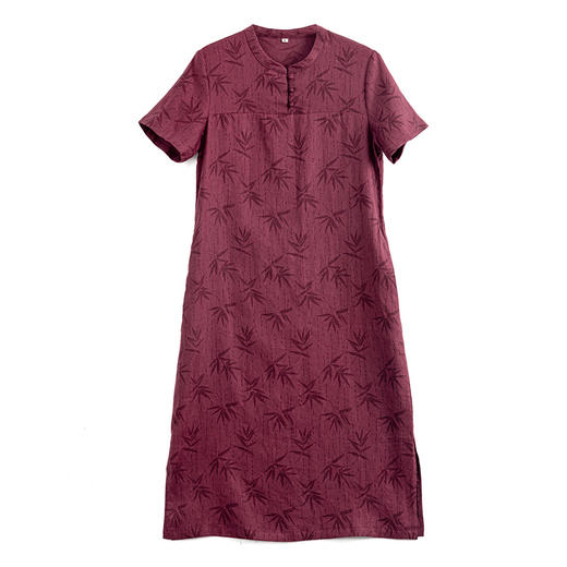 雀说原创中式国风亚麻改良旗袍裙竹叶印花显白立领复古连衣裙夏季新款ALS483 商品图4