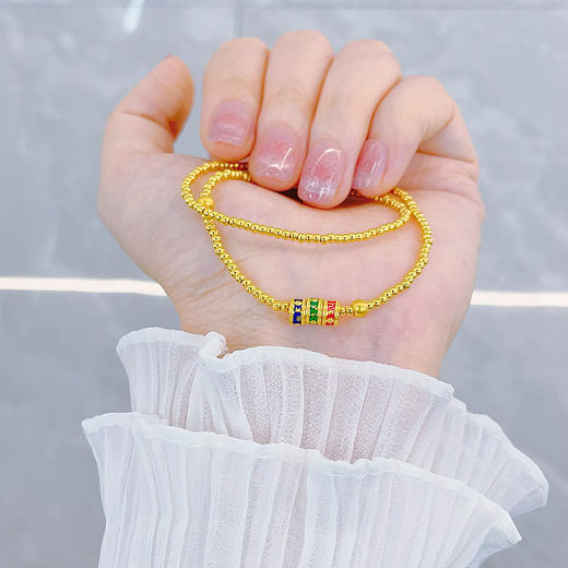 【限时克减150元】足金 #低温珐琅 3D硬金六字真言转运跑环三圈圆珠弹力绳手串（跑环为5D工艺）(AK3DSC00070)预售产品下单后不退款不退货不换货不补差价 商品图2