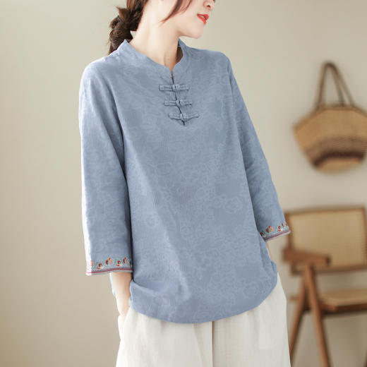 雀说新款复古提花棉麻盘扣七分袖衬衫女装衬衣上衣AL2870 商品图5