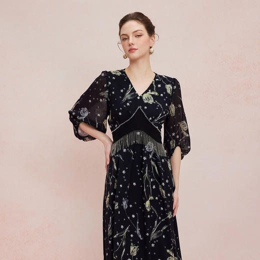 QF833斯尔丽25新款法式浪漫荷叶边腰间流苏显高显瘦散大摆碎花连衣裙 商品图0