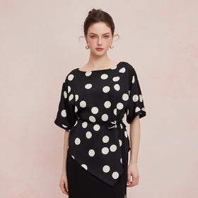 QF255斯尔丽25新款法式复古波点廓形不规则下摆腰带可变项链宽松上衣