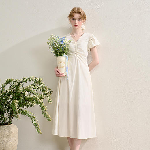 法式浪漫飞飞袖连衣裙女夏季V领抽褶收腰长裙配发圈H0050864 商品图2