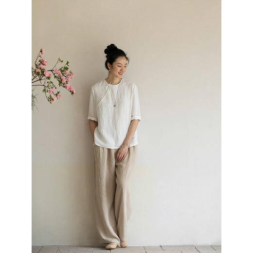 牧衣游原创 净色汉麻套头衫斜襟极简中式白色清凉百搭上衣 发南枝 商品图2