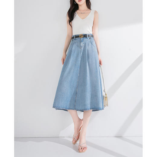 丁摩 天丝牛仔半身裙女式高腰遮胯显瘦大摆中长款伞裙（不含腰带）2615 商品图3
