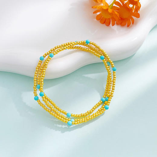 【限时7.5折】【定价黄金】足金 3D硬金空心清新仿绿松石三圈幸运手串圆珠弹力绳成品手串(AK3DSC00036)（预售产品下单后不退款不退货不换货不补差价） 商品图1
