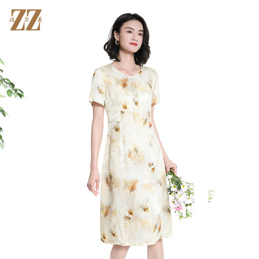 佐尔美夏季新款时尚气质碎花桑蚕丝短袖连衣裙女M42LS82 商品图2
