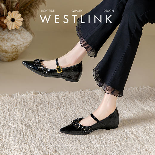 西遇尖头单鞋女新款夏季法式仙女花朵亮片内增高银色玛丽珍鞋V1056720 商品图3