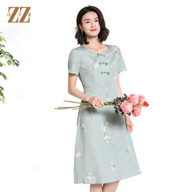 佐尔美夏季新款新中式碎花100%桑蚕丝短袖连衣裙女M42LS80
