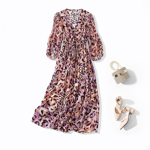 丁摩 夏季真丝印花收腰显气质连衣裙80014 商品图4