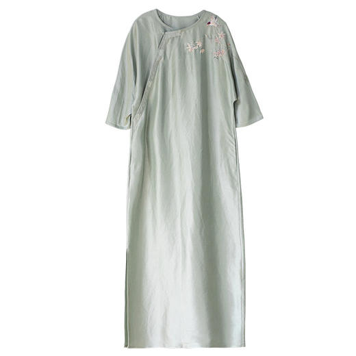 牧衣游原创 重磅双宫绸精工手绣桑蚕丝连衣裙复古中式长裙 月初斜 商品图4