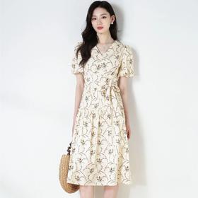 「高货sh」全新升级【铂金会员293/天猫389/差价96】(41749)洛诗琳夏法式甜美复古V领泡泡袖茶歇裙纯棉印花收腰连衣裙41749