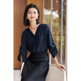 【预售10天】设计感天丝压褶衬衫 轻盈透气 袖口可调整 米思阳2026夏季新款简约百搭V领七分袖小衫女1423/1222