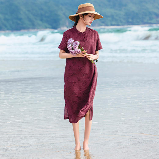 雀说原创中式国风亚麻改良旗袍裙竹叶印花显白立领复古连衣裙夏季新款ALS483 商品图1