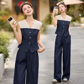 时尚牛仔马甲套装，蕾丝拼接时髦洋气薄款阔腿裤三件套HR-YQH9215
