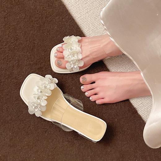 【YW】无忧购韩版方头珍珠花朵仙女风水晶粗跟透明一字带凉拖鞋7703（截单后7天发货) 商品图7