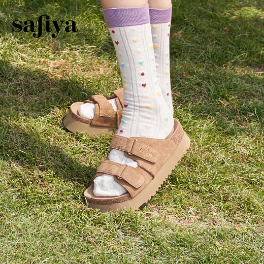Safiya/索菲娅2025夏季休闲外穿增高厚底魔术贴一字带勃肯凉拖 SFD2110157/SFD2110M57 商品图7