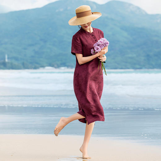 雀说原创中式国风亚麻改良旗袍裙竹叶印花显白立领复古连衣裙夏季新款ALS483 商品图3