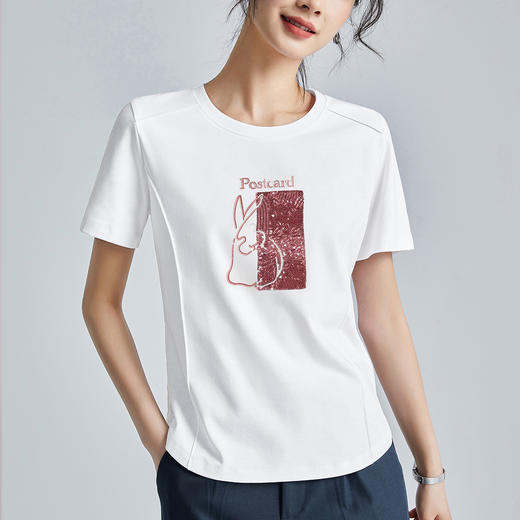 百媚生 刺绣圆领丝光棉法式短袖T恤M767 商品图7