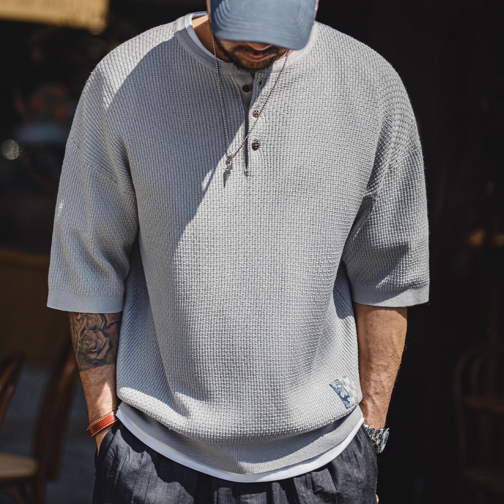 工装优选美式竹节纹亨利衫短袖老钱垂感针织灰色宽松半袖T恤男夏