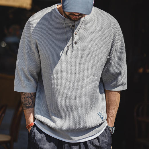 工装优选美式竹节纹亨利衫短袖老钱垂感针织灰色宽松半袖T恤男夏 商品图0