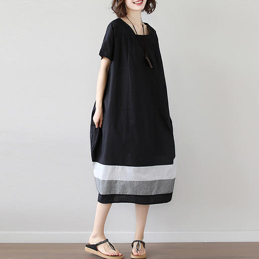 雀说新款韩版大码宽松拼接条纹棉麻短袖连衣裙女装中长款AL997 商品图1