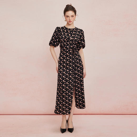 QF863斯尔丽2025夏季新款法式浪漫立体手工盘花腰间收褶显瘦碎花连衣裙 商品图3