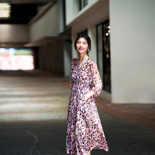 丁摩 夏季真丝印花收腰显气质连衣裙80014 商品图2