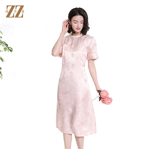 佐尔美夏季新款新中式国风碎花桑蚕丝短袖连衣裙女M42LS83 商品图3