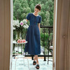 OLrain欧芮儿蓝色短袖收腰连衣裙女夏季2025新款显瘦法式牛仔长裙 商品缩略图1