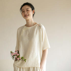 牧衣游原创 手工刺绣汉麻套头衫轻薄清凉禅意复古短袖上衣 撷芳归